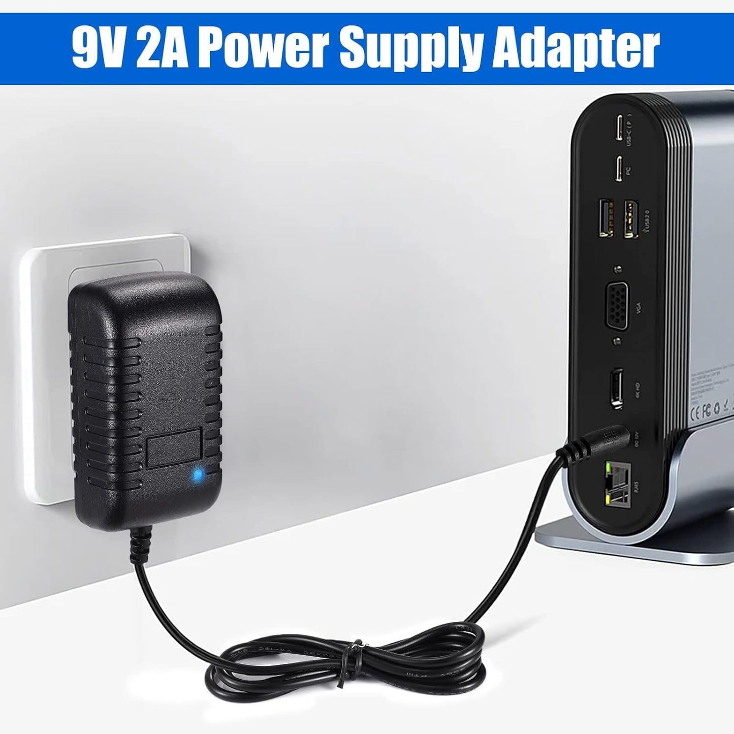 eBransa 2 x ( 9V 2A ) Power Adapter, AC Adapter 100-240V to 12v DC Power Supply Driver Transformer Universal Power Adapter 5.5mm x 2.1mm Jack for LED Strip Lights, Router, CCTV Camera, Monitor, Gaming Chairs - 1.5M
