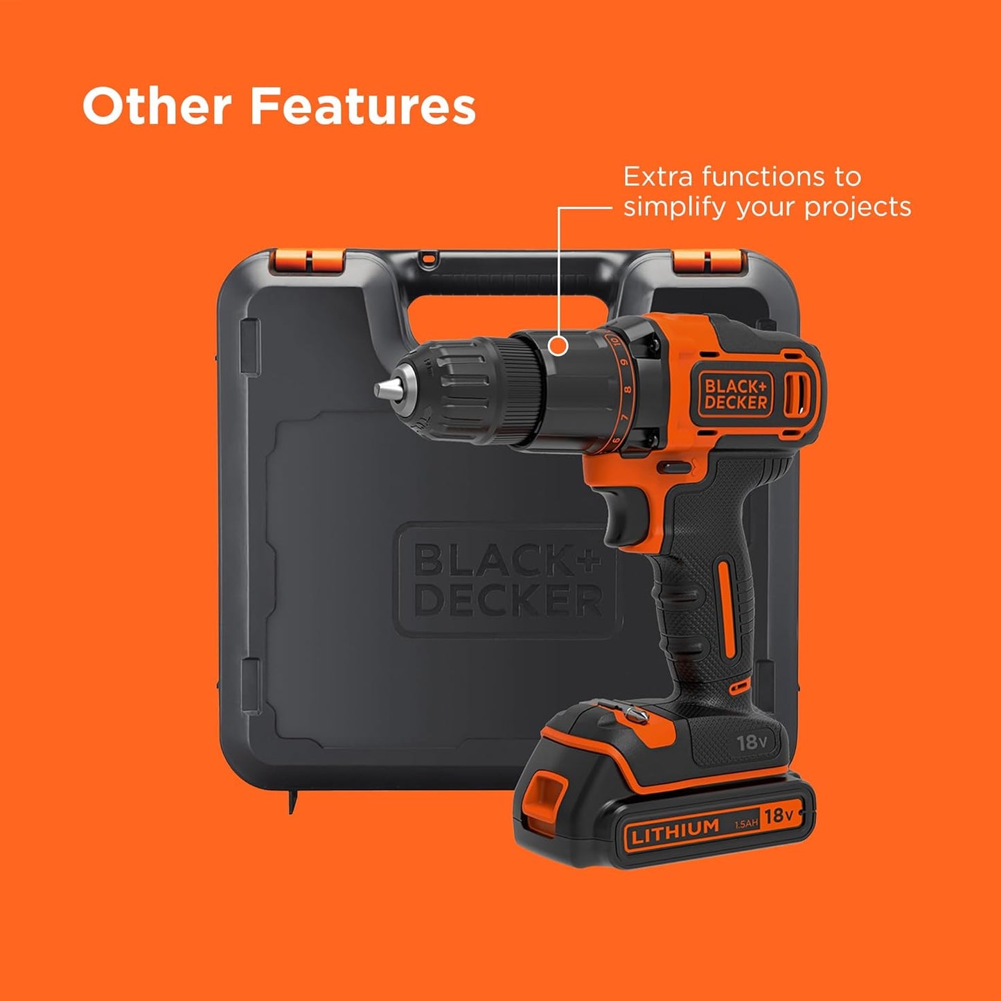 Black + Decker 18V Cordless Hammer Drill with Battery