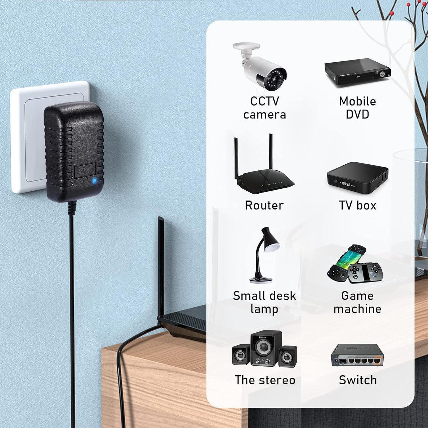 eBransa 2 x ( 12V 2A ) Power Adapter, AC Adapter 100-240V to 12v DC Power Supply Driver Transformer Universal Power Adapter 5.5mm x 2.1mm Jack for LED Strip Lights, Router, CCTV Camera, Monitor, Gaming Chairs -1.5M