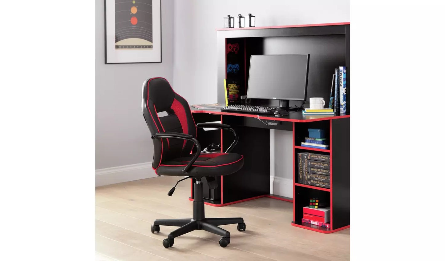 New - Argos Home Faux Leather Mid Back Gaming Chair - Red & Black