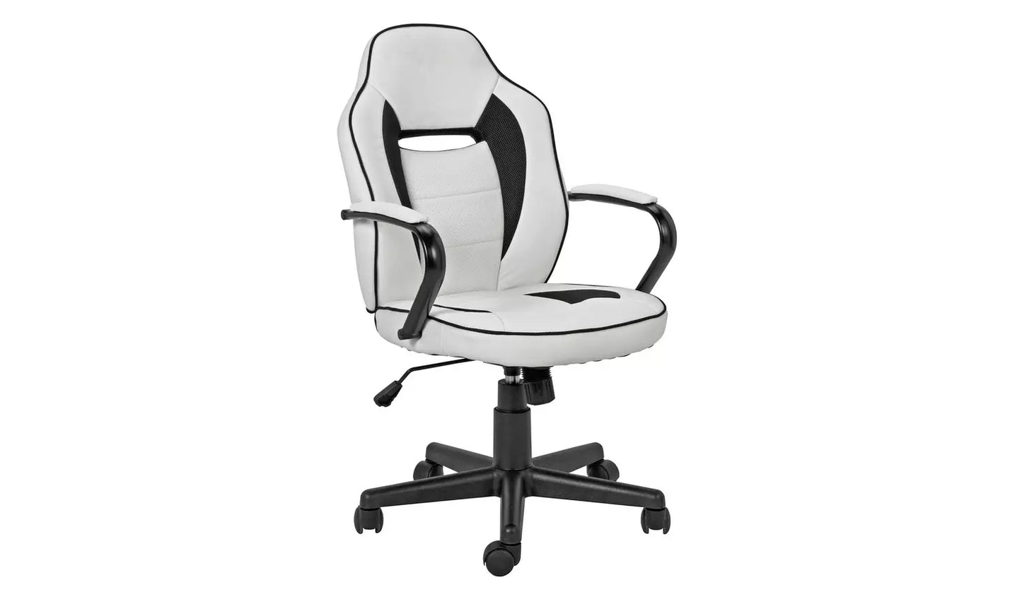 New - Argos Home Faux Leather Mid Back Gaming Chair -White & Black