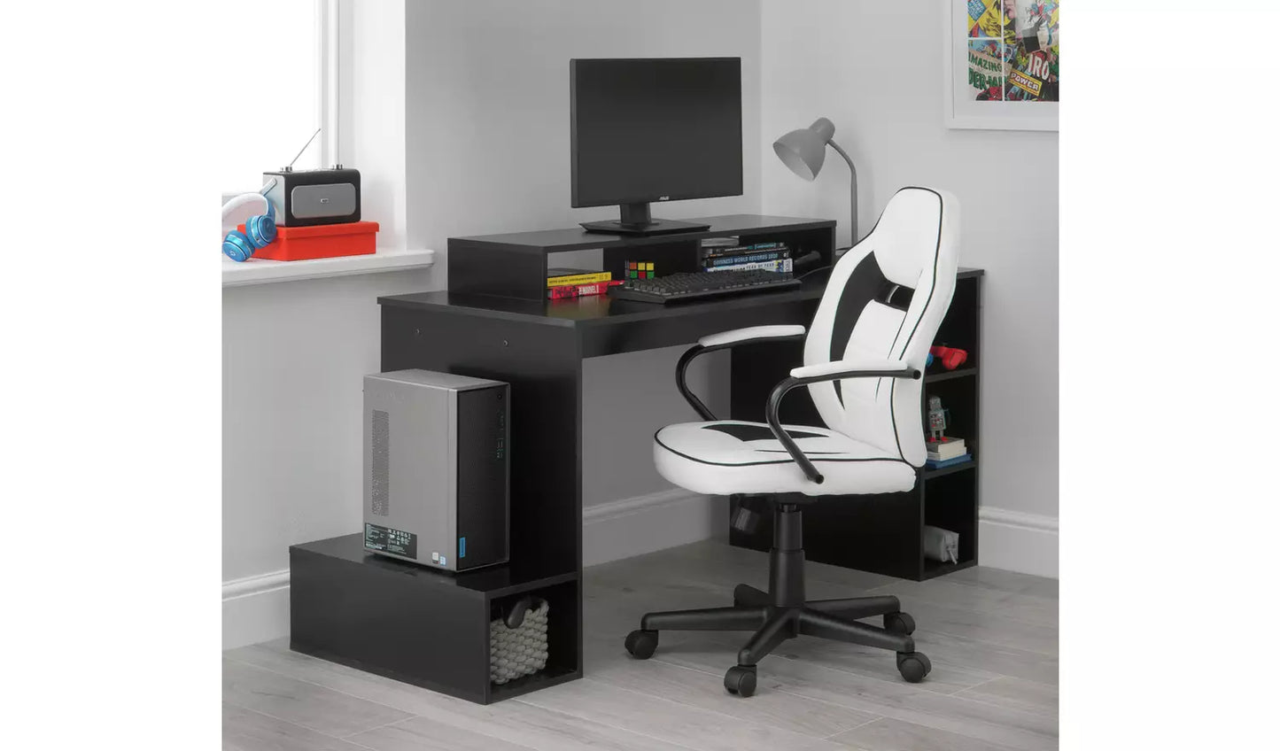 New - Argos Home Faux Leather Mid Back Gaming Chair -White & Black