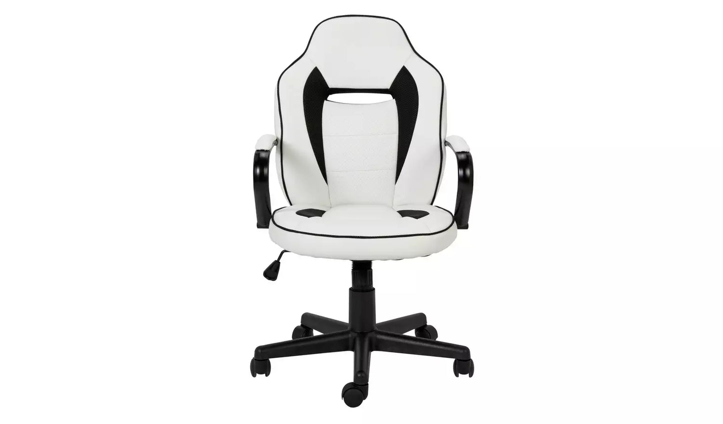 New - Argos Home Faux Leather Mid Back Gaming Chair -White & Black