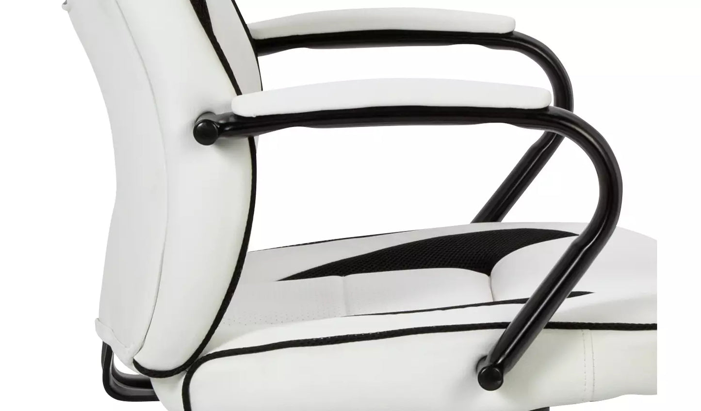 New - Argos Home Faux Leather Mid Back Gaming Chair -White & Black