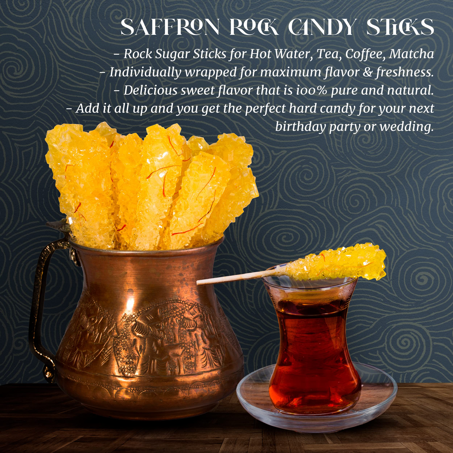 Saffron Rock Candy Sugar with Wood Stick (Nabat Chobi)  – Traditional Sweet Treat for Tea, Coffee, and Desserts – Premium Quality, Natural Flavor نبات