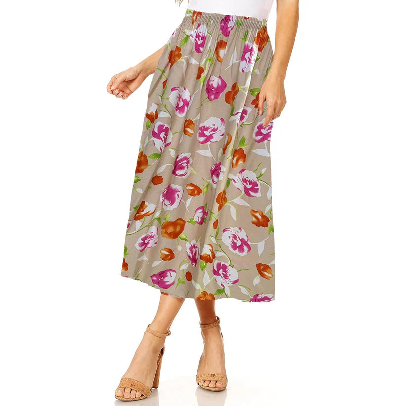 Women's Summer Skirt Elegant Floral Prints Elasticated Waist Lightweight & Comfy