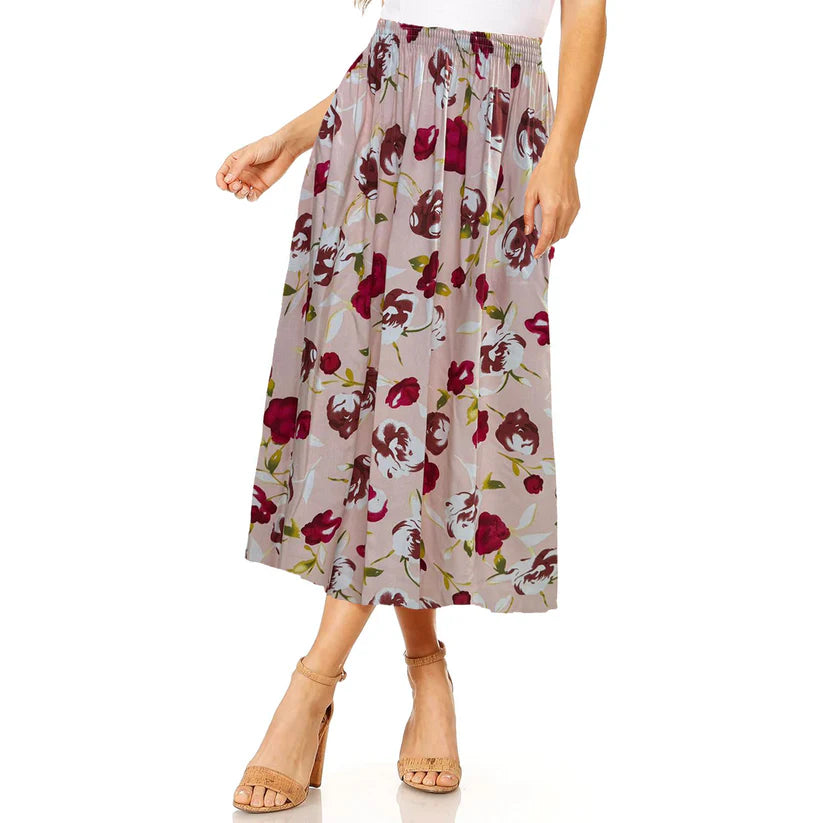 Women's Summer Skirt Elegant Floral Prints Elasticated Waist Lightweight & Comfy