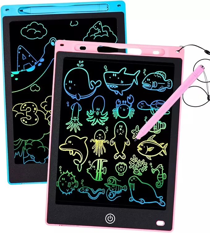 eBransa 2 Pack Pink & Blue LCD Writing Tablet, 12 Inch Drawing Board for Kids, Reusable Learning Pads Airplane Travel Toys for 3 & above Boys Girls Toddlers, Educational Doodle Scribbler for Gifts