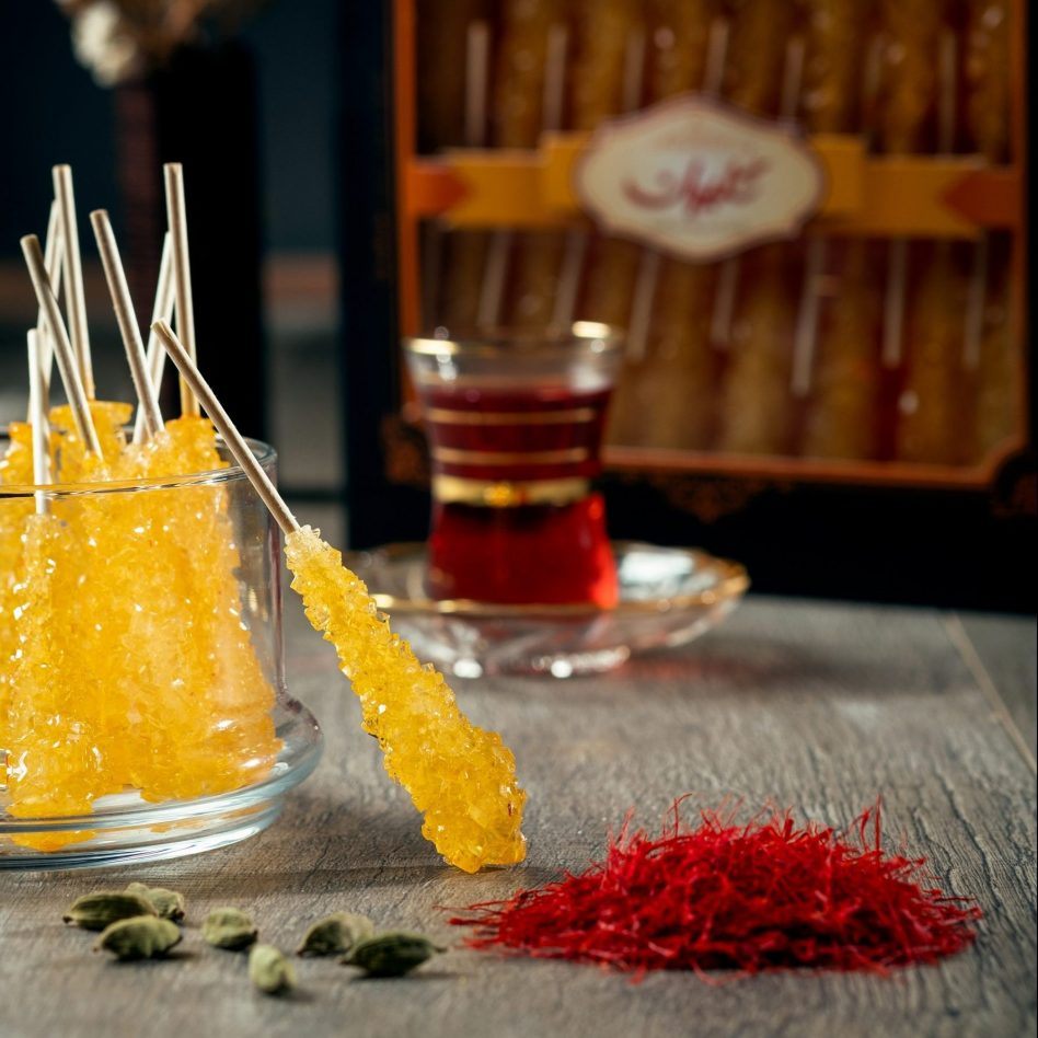 Saffron Rock Candy Sugar with Wood Stick (Nabat Chobi)  – Traditional Sweet Treat for Tea, Coffee, and Desserts – Premium Quality, Natural Flavor نبات