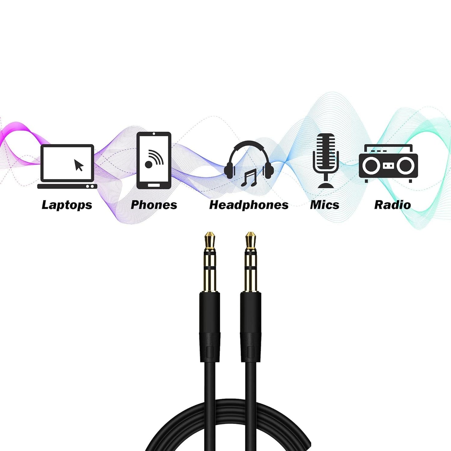 Aux cable 3.5mm Male Stereo - Audio Cable - Auxiliary for Cars, Headphones compatible with iPhones, iPad, Laptops - Black  -  1.5 mitres