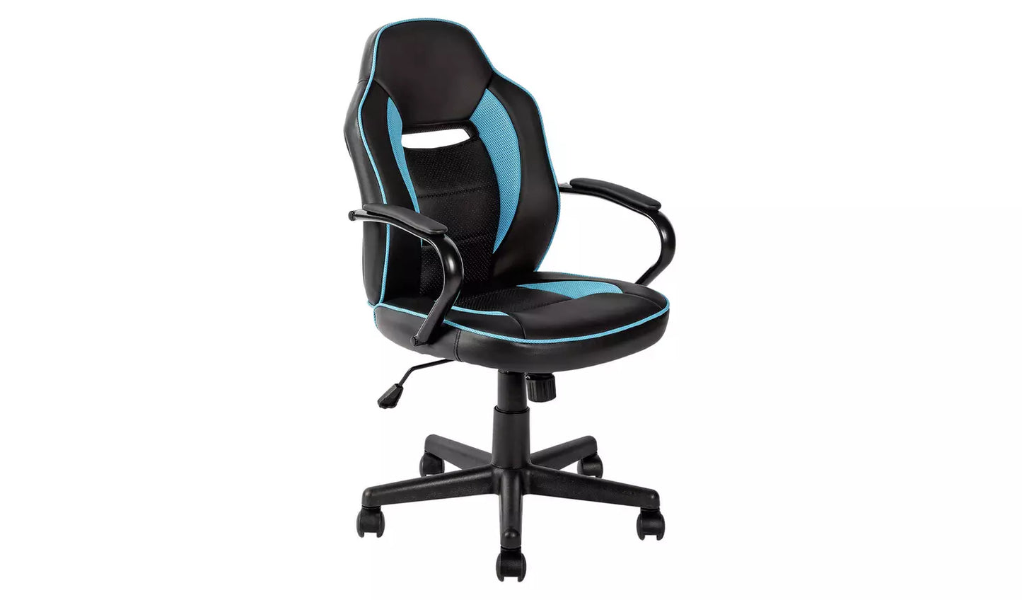 New - Argos Home Faux Leather Mid Back Gaming Chair - Blue & Black