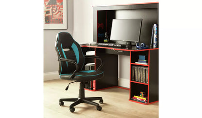 New - Argos Home Faux Leather Mid Back Gaming Chair - Blue & Black