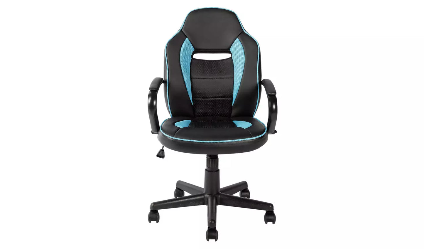 New - Argos Home Faux Leather Mid Back Gaming Chair - Blue & Black