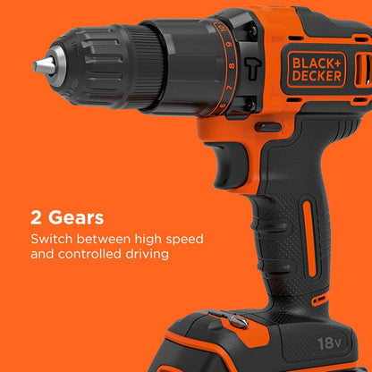 Black + Decker 18V Cordless Hammer Drill with Battery